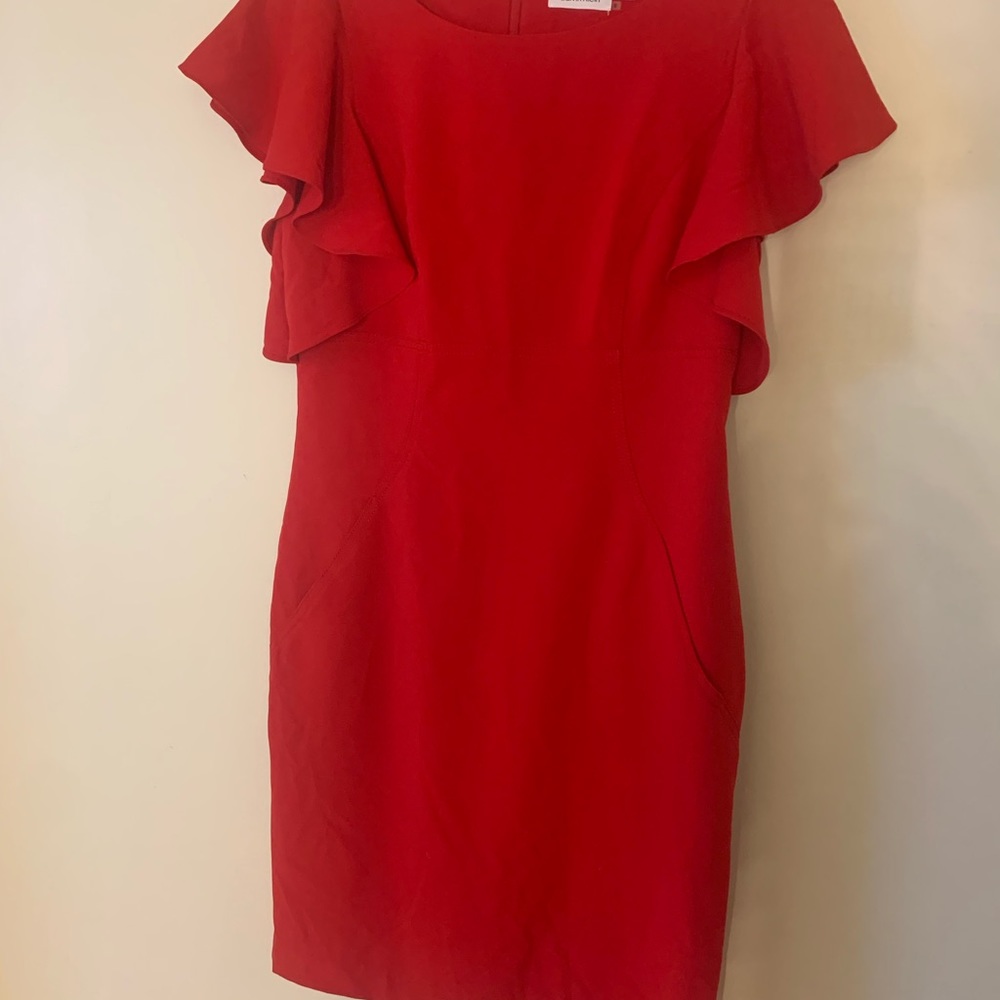 Calvin Klein Red Ruffle Cap Sleeves Dress